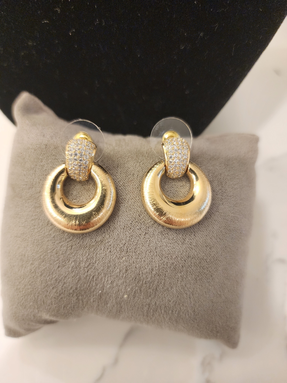 New Gold Pavé Double Ring Drop Doorknocker Grosse Earrings - Vintage 80s